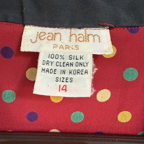 VTG Jean Halm Women's 14 Red Polka Dot 100% Silk Blouse Neck Tie Velvet Accents - Picture 2 of 16